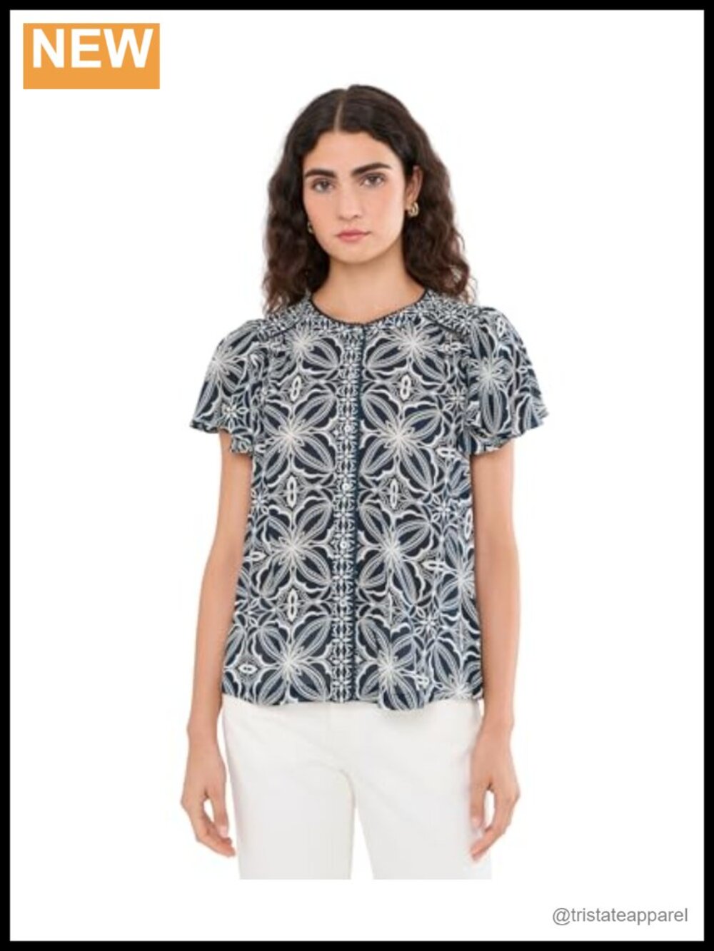 Flutter Sleeve Button Front Woven Top 100% Viscose Notch Neck Blouse